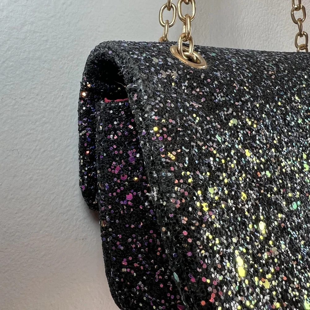 Midnight Glitter Micro Crossbody Purse Metal Chain Glitzy Festival Glam
